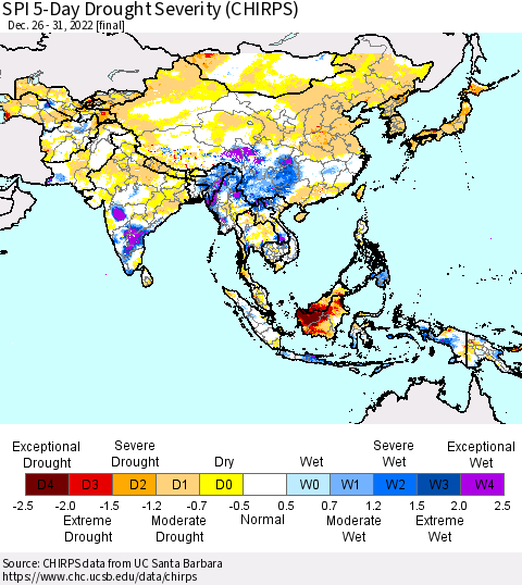 Asia SPI 5-Day Drought Severity (CHIRPS) Thematic Map For 12/26/2022 - 12/31/2022