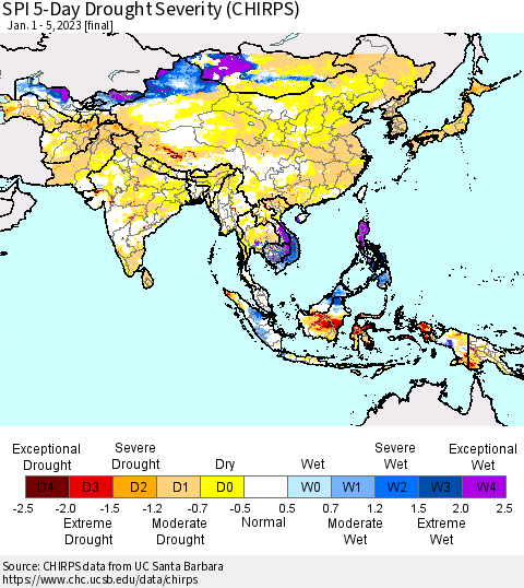 Asia SPI 5-Day Drought Severity (CHIRPS) Thematic Map For 1/1/2023 - 1/5/2023