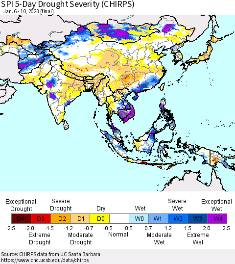 Asia SPI 5-Day Drought Severity (CHIRPS) Thematic Map For 1/6/2023 - 1/10/2023