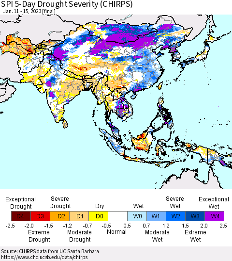 Asia SPI 5-Day Drought Severity (CHIRPS) Thematic Map For 1/11/2023 - 1/15/2023
