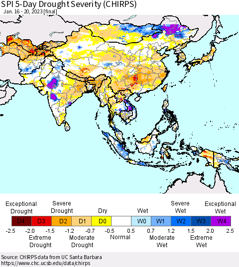 Asia SPI 5-Day Drought Severity (CHIRPS) Thematic Map For 1/16/2023 - 1/20/2023