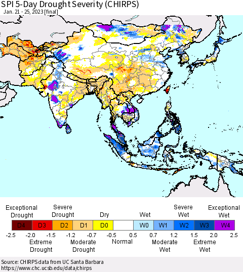 Asia SPI 5-Day Drought Severity (CHIRPS) Thematic Map For 1/21/2023 - 1/25/2023
