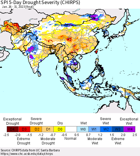 Asia SPI 5-Day Drought Severity (CHIRPS) Thematic Map For 1/26/2023 - 1/31/2023