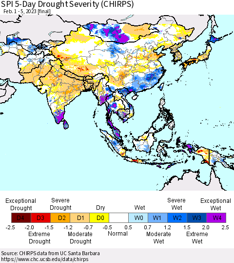 Asia SPI 5-Day Drought Severity (CHIRPS) Thematic Map For 2/1/2023 - 2/5/2023