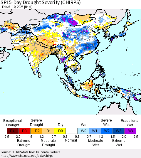 Asia SPI 5-Day Drought Severity (CHIRPS) Thematic Map For 2/6/2023 - 2/10/2023