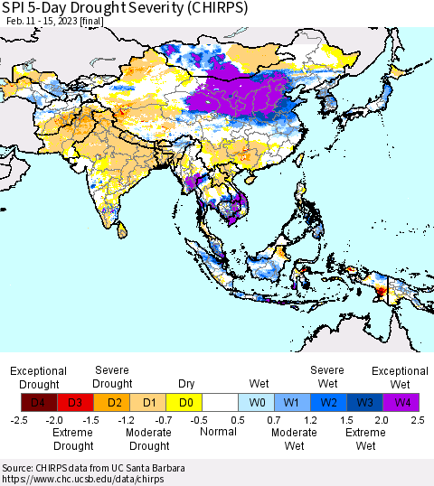 Asia SPI 5-Day Drought Severity (CHIRPS) Thematic Map For 2/11/2023 - 2/15/2023
