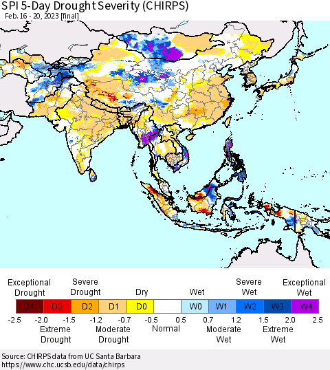 Asia SPI 5-Day Drought Severity (CHIRPS) Thematic Map For 2/16/2023 - 2/20/2023