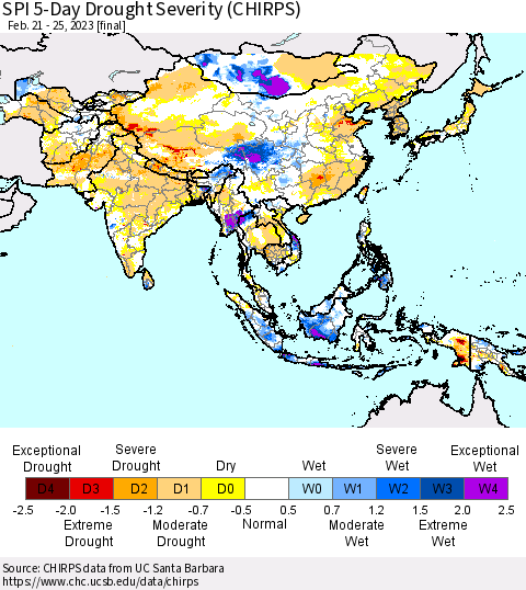 Asia SPI 5-Day Drought Severity (CHIRPS) Thematic Map For 2/21/2023 - 2/25/2023