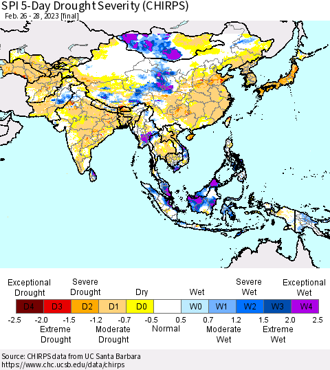 Asia SPI 5-Day Drought Severity (CHIRPS) Thematic Map For 2/26/2023 - 2/28/2023