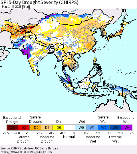 Asia SPI 5-Day Drought Severity (CHIRPS) Thematic Map For 3/1/2023 - 3/5/2023