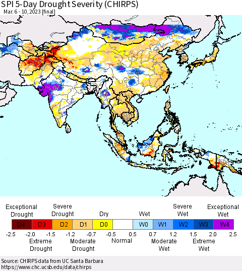 Asia SPI 5-Day Drought Severity (CHIRPS) Thematic Map For 3/6/2023 - 3/10/2023