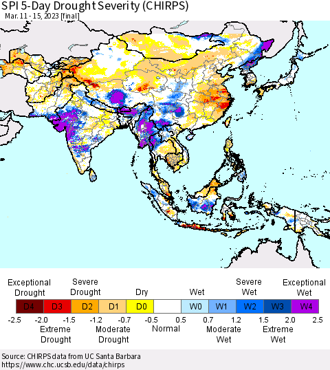 Asia SPI 5-Day Drought Severity (CHIRPS) Thematic Map For 3/11/2023 - 3/15/2023