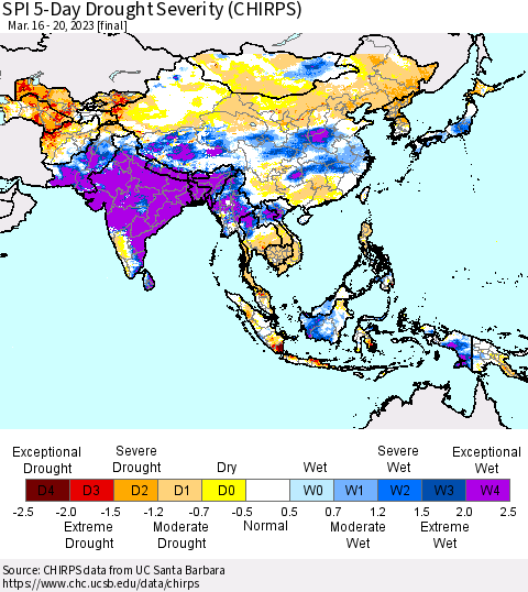 Asia SPI 5-Day Drought Severity (CHIRPS) Thematic Map For 3/16/2023 - 3/20/2023
