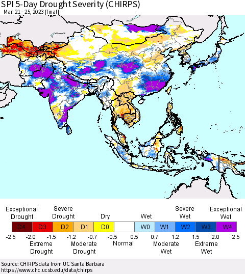 Asia SPI 5-Day Drought Severity (CHIRPS) Thematic Map For 3/21/2023 - 3/25/2023