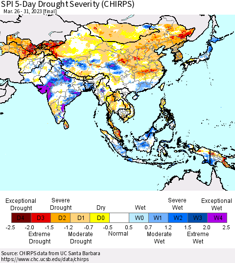 Asia SPI 5-Day Drought Severity (CHIRPS) Thematic Map For 3/26/2023 - 3/31/2023