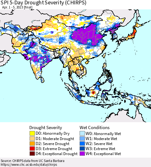 Asia SPI 5-Day Drought Severity (CHIRPS) Thematic Map For 4/1/2023 - 4/5/2023