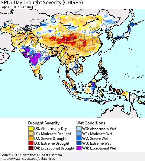Asia SPI 5-Day Drought Severity (CHIRPS) Thematic Map For 4/6/2023 - 4/10/2023