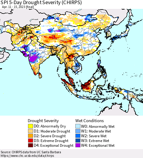 Asia SPI 5-Day Drought Severity (CHIRPS) Thematic Map For 4/11/2023 - 4/15/2023