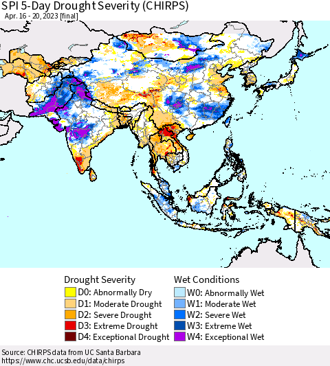 Asia SPI 5-Day Drought Severity (CHIRPS) Thematic Map For 4/16/2023 - 4/20/2023