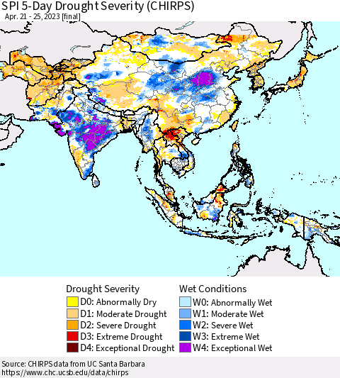 Asia SPI 5-Day Drought Severity (CHIRPS) Thematic Map For 4/21/2023 - 4/25/2023