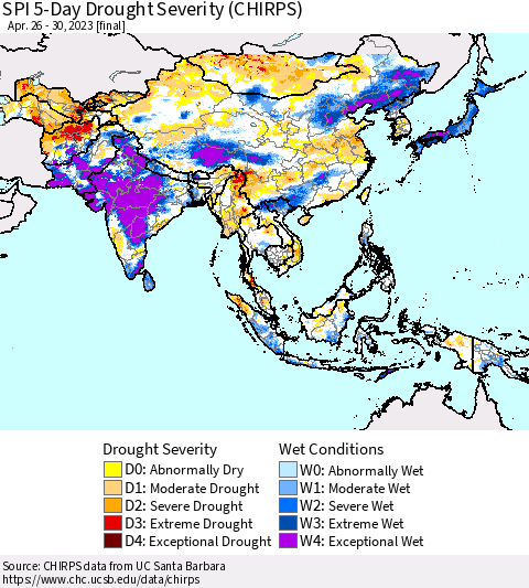 Asia SPI 5-Day Drought Severity (CHIRPS) Thematic Map For 4/26/2023 - 4/30/2023