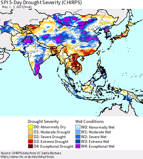 Asia SPI 5-Day Drought Severity (CHIRPS) Thematic Map For 5/1/2023 - 5/5/2023