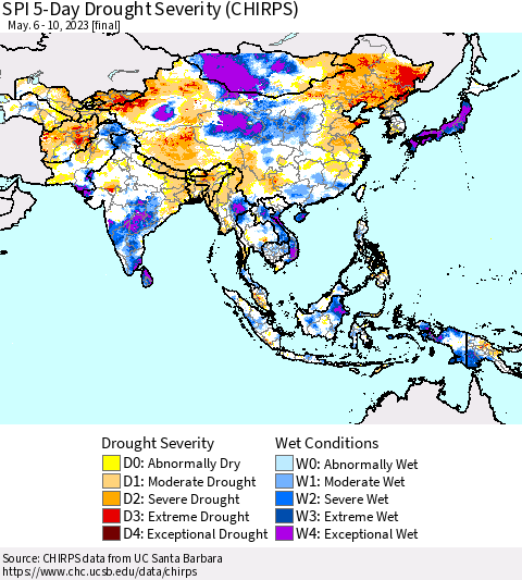 Asia SPI 5-Day Drought Severity (CHIRPS) Thematic Map For 5/6/2023 - 5/10/2023