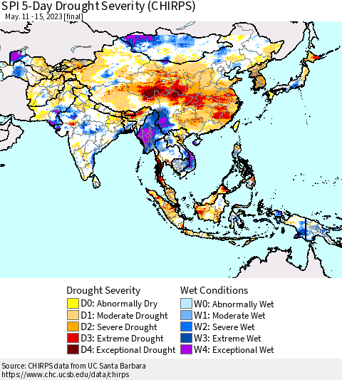 Asia SPI 5-Day Drought Severity (CHIRPS) Thematic Map For 5/11/2023 - 5/15/2023