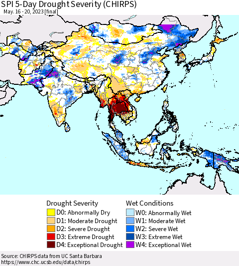 Asia SPI 5-Day Drought Severity (CHIRPS) Thematic Map For 5/16/2023 - 5/20/2023
