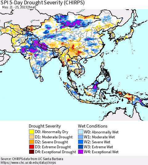 Asia SPI 5-Day Drought Severity (CHIRPS) Thematic Map For 5/21/2023 - 5/25/2023
