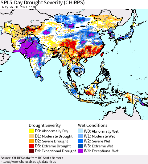 Asia SPI 5-Day Drought Severity (CHIRPS) Thematic Map For 5/26/2023 - 5/31/2023