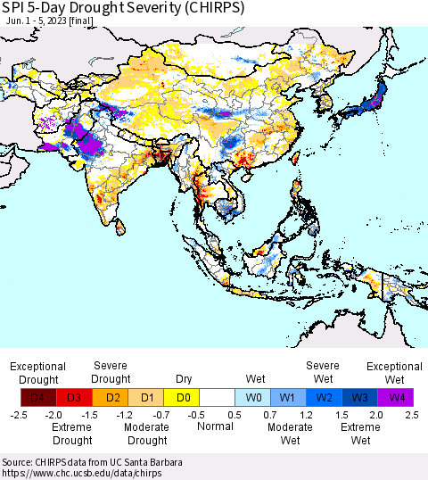 Asia SPI 5-Day Drought Severity (CHIRPS) Thematic Map For 6/1/2023 - 6/5/2023