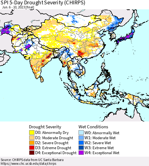Asia SPI 5-Day Drought Severity (CHIRPS) Thematic Map For 6/6/2023 - 6/10/2023