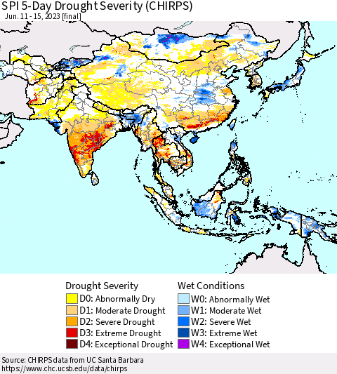 Asia SPI 5-Day Drought Severity (CHIRPS) Thematic Map For 6/11/2023 - 6/15/2023