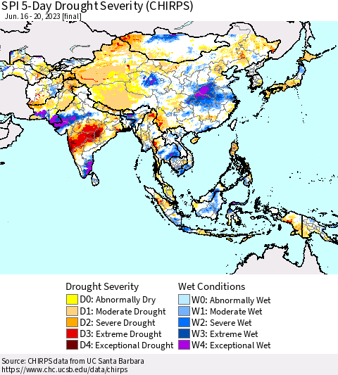 Asia SPI 5-Day Drought Severity (CHIRPS) Thematic Map For 6/16/2023 - 6/20/2023