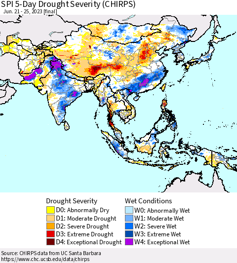 Asia SPI 5-Day Drought Severity (CHIRPS) Thematic Map For 6/21/2023 - 6/25/2023