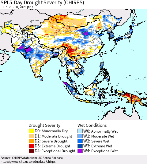 Asia SPI 5-Day Drought Severity (CHIRPS) Thematic Map For 6/26/2023 - 6/30/2023
