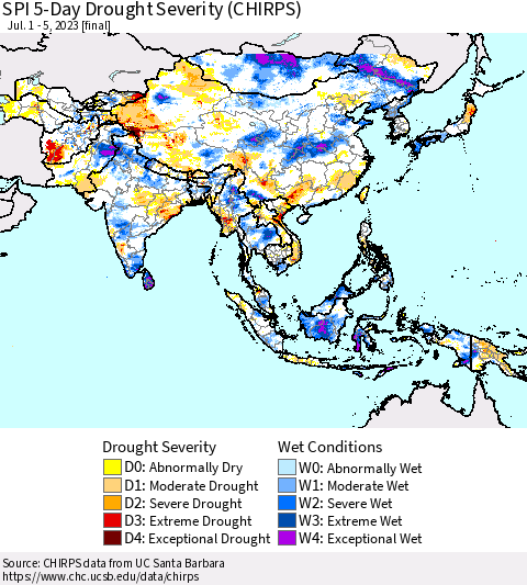 Asia SPI 5-Day Drought Severity (CHIRPS) Thematic Map For 7/1/2023 - 7/5/2023