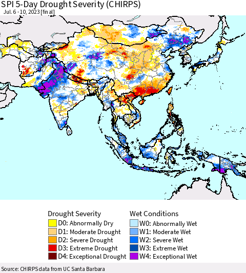 Asia SPI 5-Day Drought Severity (CHIRPS) Thematic Map For 7/6/2023 - 7/10/2023
