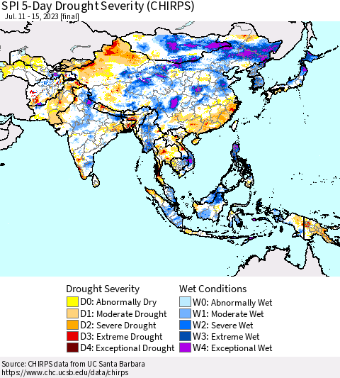 Asia SPI 5-Day Drought Severity (CHIRPS) Thematic Map For 7/11/2023 - 7/15/2023