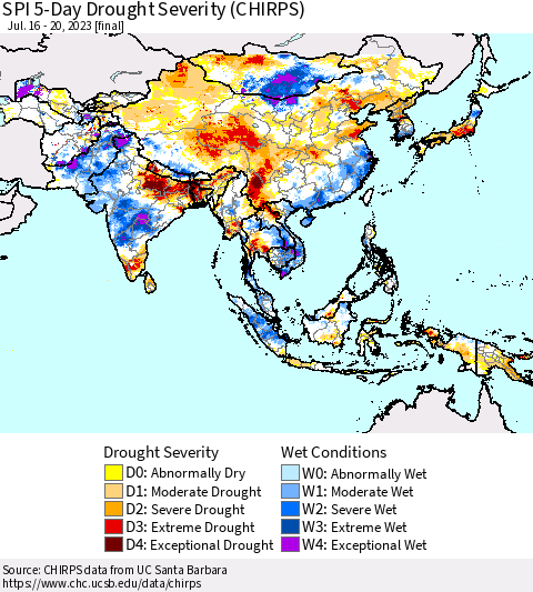 Asia SPI 5-Day Drought Severity (CHIRPS) Thematic Map For 7/16/2023 - 7/20/2023