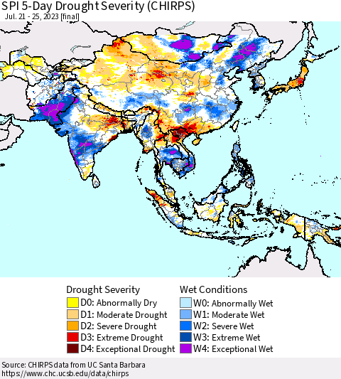 Asia SPI 5-Day Drought Severity (CHIRPS) Thematic Map For 7/21/2023 - 7/25/2023