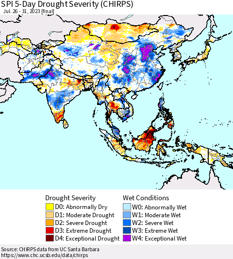 Asia SPI 5-Day Drought Severity (CHIRPS) Thematic Map For 7/26/2023 - 7/31/2023