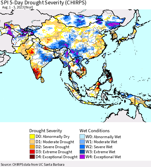 Asia SPI 5-Day Drought Severity (CHIRPS) Thematic Map For 8/1/2023 - 8/5/2023