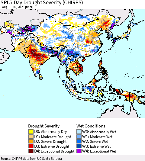 Asia SPI 5-Day Drought Severity (CHIRPS) Thematic Map For 8/6/2023 - 8/10/2023