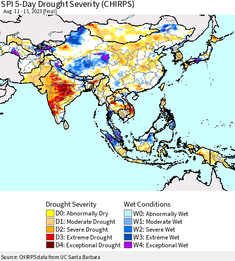 Asia SPI 5-Day Drought Severity (CHIRPS) Thematic Map For 8/11/2023 - 8/15/2023