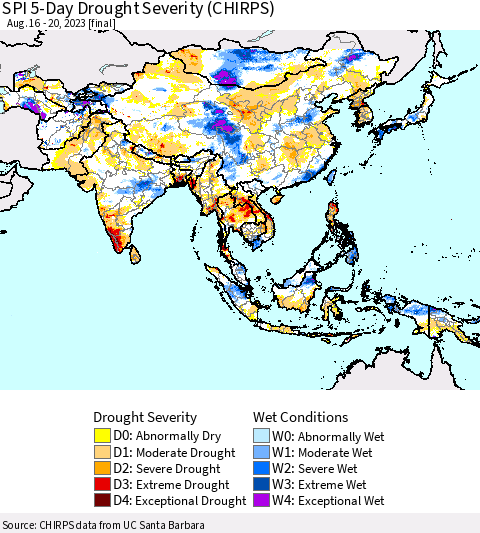 Asia SPI 5-Day Drought Severity (CHIRPS) Thematic Map For 8/16/2023 - 8/20/2023