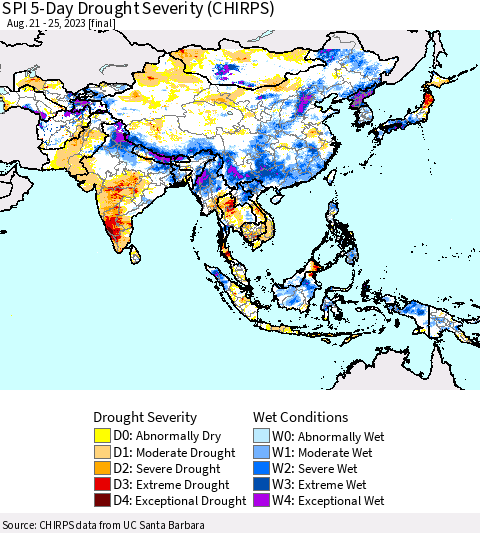 Asia SPI 5-Day Drought Severity (CHIRPS) Thematic Map For 8/21/2023 - 8/25/2023