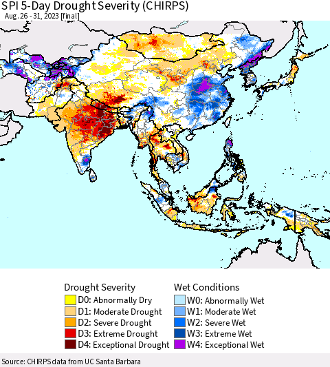 Asia SPI 5-Day Drought Severity (CHIRPS) Thematic Map For 8/26/2023 - 8/31/2023