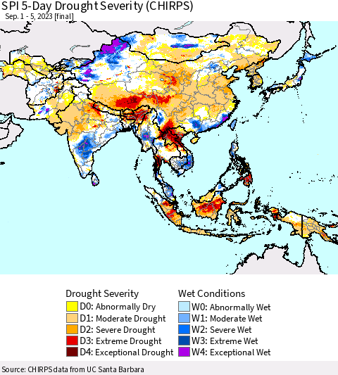 Asia SPI 5-Day Drought Severity (CHIRPS) Thematic Map For 9/1/2023 - 9/5/2023